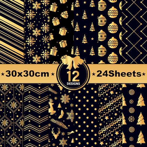 24 Stück Weihnachten Schwarz & Gold Scrapbook Papierblock – Doppelseitiges Dekorpapier für Scrapbooking, Kartenherstellung & DIY Handwerk von OXYLIPO