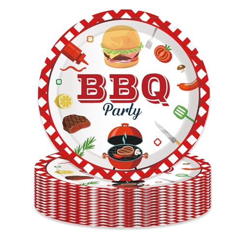 OXYLIPO 22,9 cm BBQ Burger Pappteller Feiern Party Geschirr Runde Einweg Abendessen Pappteller Set BBQ Serie Thema Party Pappteller Festival Party Supplies (24 Stück) von OXYLIPO