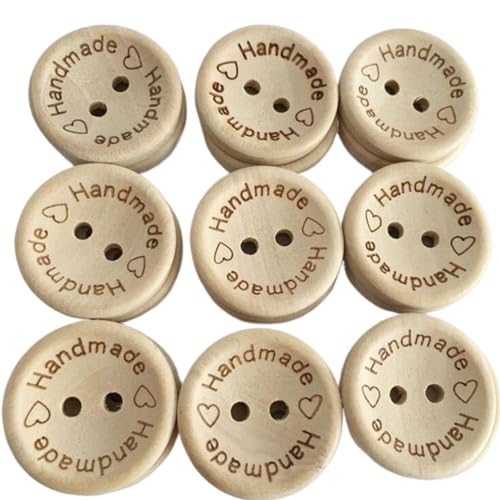 Knöpfe 100pcs 15/20/25mm Carving Handmade With Love Wood Buttons Flatback 2 Holes Wooden Button Sewing Tools DIY Scrapbook Craft Knöpfe Zum Basteln(A,15mm) von OZLCUA