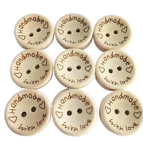 Knöpfe 100pcs 15/20/25mm Carving Handmade With Love Wood Buttons Flatback 2 Holes Wooden Button Sewing Tools DIY Scrapbook Craft Knöpfe Zum Basteln(B,25mm) von OZLCUA