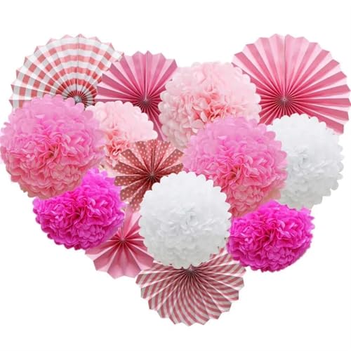 OZLCUA Hängende Fächer Blumen Hochzeit Valentinstag Partybevorzugungsset DIY hängende Papierquaste Faltfächer Seidenbommel Mädchen Junge Taufe Dekor Fächer Dekoration(Pink) von OZLCUA