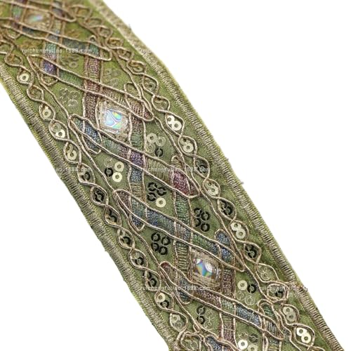 OZLCUA Stickereiband 2 Yards 45 mm Golddrahtseil Stickerei Pailletten Spitzenband for DIY Schleife Haar Hut Kleidung Nähzubehör Webband Zum Nähen(Green) von OZLCUA