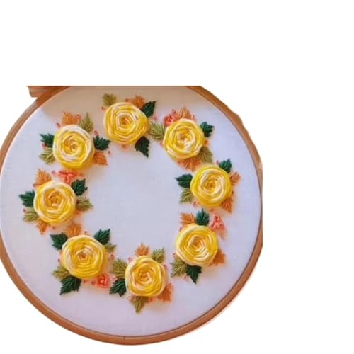 OZLCUA Stickereiset Vintage Stickset Gelbe Rose Blumenkranz Rosen Nadelmalerei mit Videoanleitung Wohndekoration Geschenk Stickerei Set(No Hoop) von OZLCUA