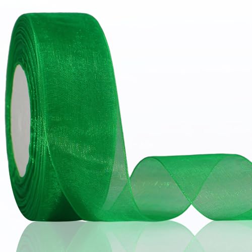 OZXCHIXU Schimmerndes Organzaband, 3,8 cm x durchgehendes grünes Chiffon-Stoffband für Geschenkverpackungen, Blumensträuße, Hochzeitsdekoration, Weihnachtsbaum, Basteln, Schleifen. von OZXCHIXU