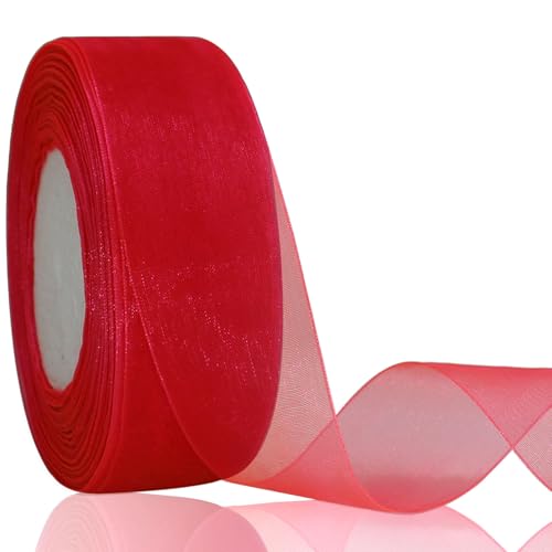 OZXCHIXU Schimmerndes Organzaband, 3,8 cm x durchgehendes rotes Chiffon-Stoffband für Geschenkverpackungen, Blumensträuße, Hochzeitsdekoration, Weihnachtsbaum, Basteln, Schleifen. von OZXCHIXU