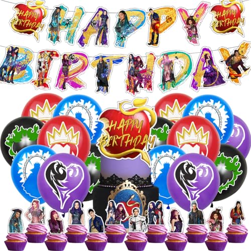 OZXVXZO 32 Stück Decendants Deko Geburtstag, Descendants Luftballons Geburtstag Für Kinder, Happy Birthday Banner, Cupcake Topper, Cake Topper, Geburtstag Party Zubehör von OZXVXZO