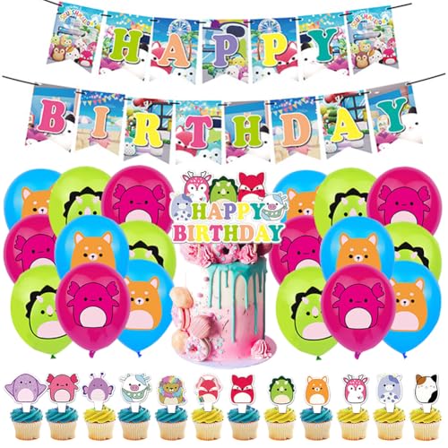 OZXVXZO Sqquishmallow Geburtstag Dekoration Set, 32 Stück Sqquishmallow Party Supplies, Sqquish mallow Geburtstag Dekorationen Luftballons Kuchen Topper Banner Geburtstagsdeko für Kinder von OZXVXZO