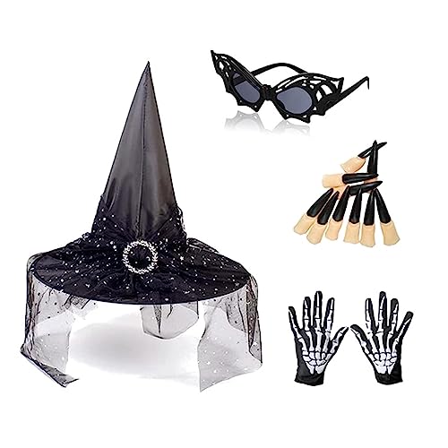 Hexenhut für Damen, Netzstoff, Schleier, mit künstlichen Nägeln, Sonnenbrillen und Handschuhen, Halloween, Cosplay, Abschlussball, Partyzubehör für Damen, Cosplay-Hut für Damen, Cosplay-Hut, von Oadnijuie