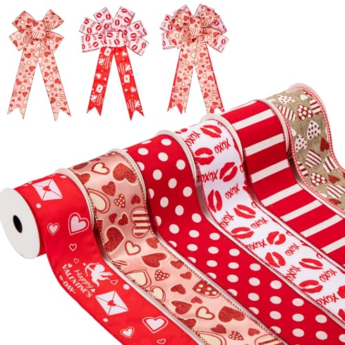 6 Rollen 30 Yard Happy Valentines Day Draht Randband Herz Schleifenband mit Herzen Rot Band 6cm Satinband Geschenkband Set für Valentinstag Hochzeit Geschenkverpackung von Oairse