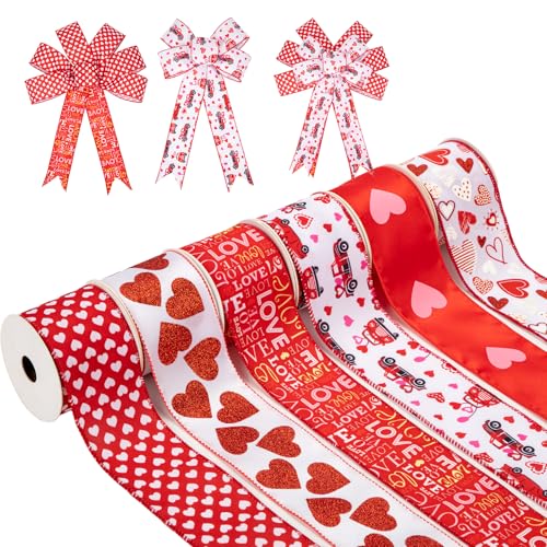 6 Rollen 30 Yard Happy Valentines Day Draht Randband Herz Schleifenband mit Herzen Rot Band 6cm Satinband Geschenkband Set für Valentinstag Hochzeit Geschenkverpackung von Oairse