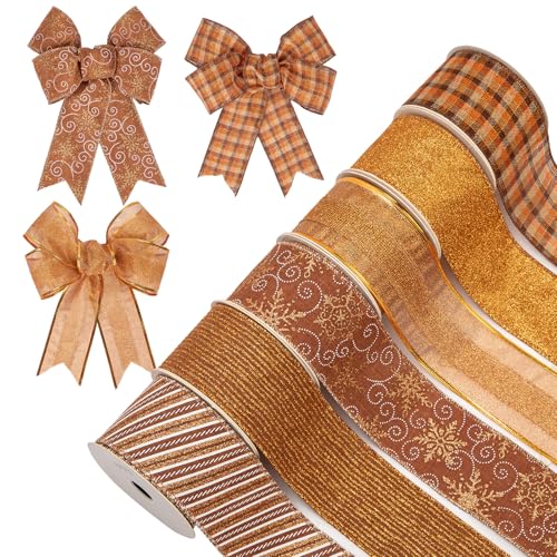 6 Rollen 5 Yard Weihnachten Band Dekorationen Weihnachtsbaumband Geschenkbox Verpackungsband Glitzer Weihnachtsbänder Schleifenband für Geschenk Weihnachtsbaum Dekoration, Bronze von Oairse