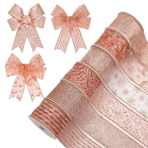 6 Rollen 5 Yard Weihnachten Band Dekorationen Weihnachtsbaumband Geschenkbox Verpackungsband Glitzer Weihnachtsbänder Schleifenband für Geschenk Weihnachtsbaum Dekoration, Rose-Gold von Oairse