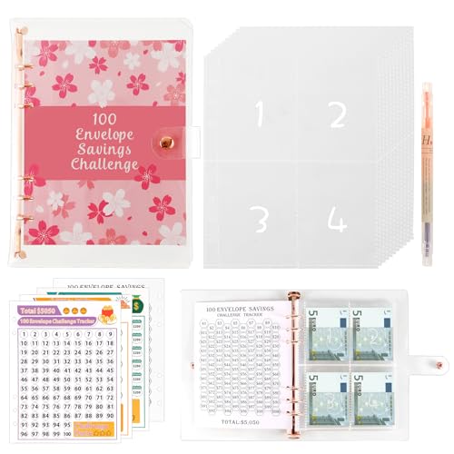 Oaklynet 100 Envelope Saving Challenge, Geld Sparen Challenge Budgetplaner, A5 Ringbuch, Mit 4 Challenge Tracker, Pre-numbered Geldfächer, Budget Binder Für Sparchallenge von Oaklynet