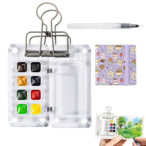 Tragbare Palette, 8 Fächer, Holz, Reise-Malpalette, Taschenkünstler, Mini-Aquarell-Skizzenbuch, Reise-Paletten-Set mit Metallclip, Aquarellstift, Geschenk für Maler und Künstler (D) von Oanmarg