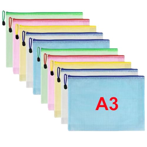 Oaygat 10 x A3-Kunststoff-Brieftaschen, Dokumentenmappen, Dokumentenmappen, Dokumentenmappen, Dokumentenmappen, Dokumentenmappen, Reißverschluss, für Büro, Zuhause, Schulbedarf von Oaygat