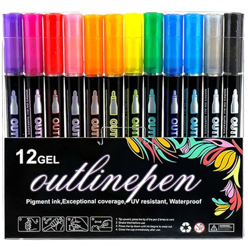 Obelunrp Doppelleitungsrissmarkierungen, 12 Farben/Set Self-Outline-Metallmarkierungen, Metallic Highlighters Shimmer Marker für Kunst, Weihnachten, Grußkarten von Obelunrp