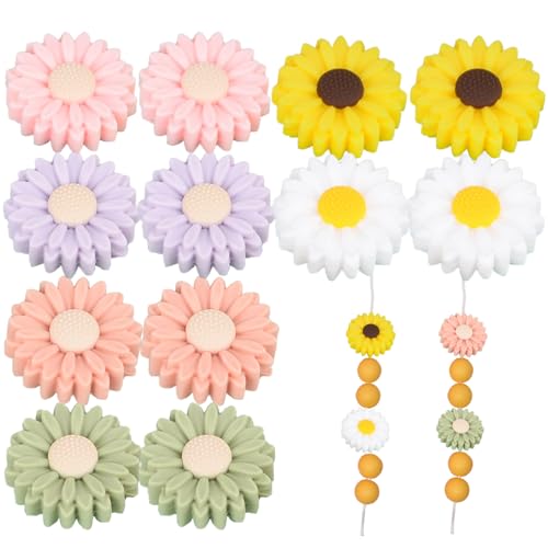 Obelunrp Silikon Daisy Perlen, 12pcs 2 cm 6 Farben Blumen Silikonperlen, DIY Daisy Flatback Slime Charms für Schmuck, die Schlüsselketten -Scrapbooking -Telefon -Dekor Machen von Obelunrp