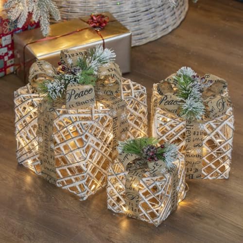 Weihnachtsgeschenkschachtel Licht, 3PCS/Set Weihnachten beleuchtete Geschenkboxen Lichter mit künstlichen roten Beeren- und Kiefernnadeln, batteriebetriebener Weihnachtsbaumrock -Ornament für Wei von Obelunrp