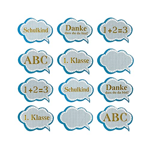 Oblique Unique® 12x Konfetti für Schuleinführung Einschulung Schulanfang Schulbeginn Tischdeko ABC Schulkind 1. Klasse 1 + 2 = 3 Schule Basteln Aufkleben Blau Gold von Oblique Unique