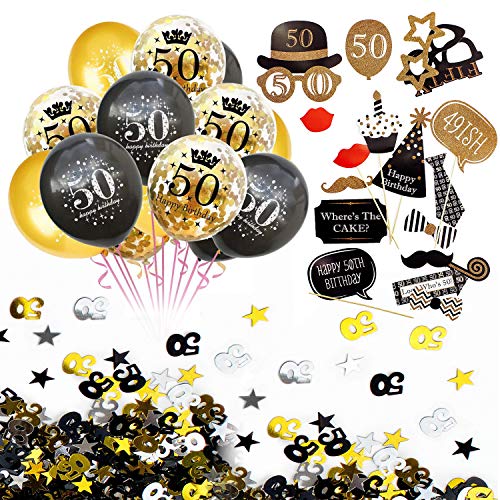 Oblique Unique® 50. Geburtstag Party Feier Deko Set - Happy Birthday 50 Konfetti Luftballons Set + Fotorequisiten Fotoaccessoires + Konfetti Zahl 50 + Sterne Gold Silber Schwarz Mix von Oblique Unique