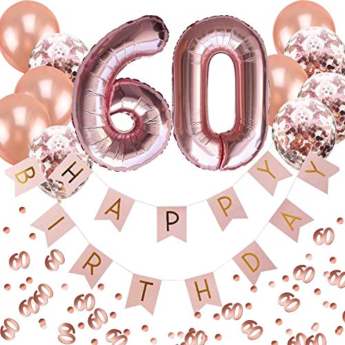 Oblique Unique® 60. Geburtstag Party Feier Deko Set - Happy Birthday Girlande + Folien Luftballons Zahl 6 und 0 + Konfetti Luftballon Set + Konfetti Zahl 60 - Roségold Rosa Champagner von Oblique Unique