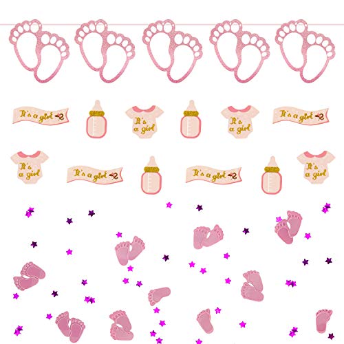 Oblique Unique® Baby Shower Party Deko Set für Mädchen - Füßchen Girlande + Konfetti Set Fläschchen It's a Girl Banner It's a Girl Body + Füßchen Konfetti von Oblique Unique