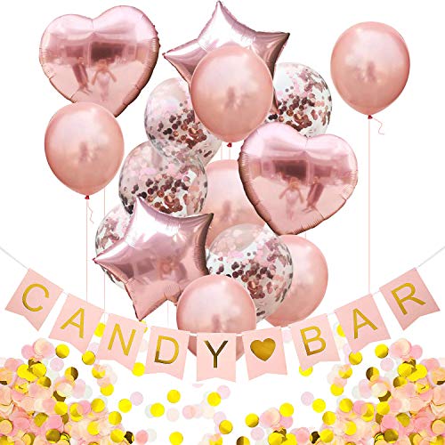 Oblique Unique® Candybar Hochzeit JGA Baby Shower Geburtstag Party Feier Deko Set - Candybar Girlande + Konfetti Folien Luftballon Set + 1000 STK. Papier Konfetti in Roségold Gold Weiß Champagner von Oblique Unique