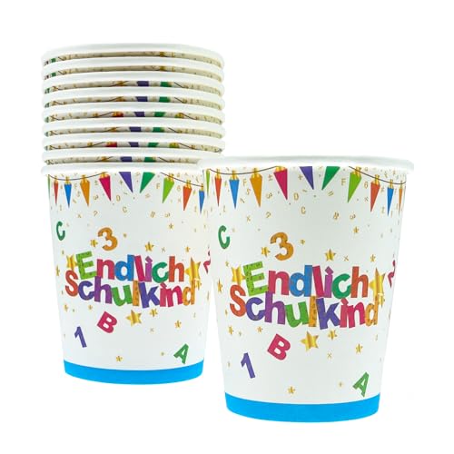 Oblique Unique® Endlich Schulkind Party Pappbecher Set Papierbecher Trinkbecher für Schuleinführung Einschulung Tischdeko für Jungen und Mädchen (Bunt - 10 Stück) von Oblique Unique