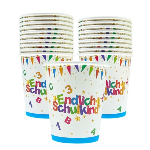 Oblique Unique® Endlich Schulkind Party Pappbecher Set Papierbecher Trinkbecher für Schuleinführung Einschulung Tischdeko für Jungen und Mädchen (Bunt - 20 Stück) von Oblique Unique