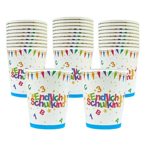 Oblique Unique® Endlich Schulkind Party Pappbecher Set Papierbecher Trinkbecher für Schuleinführung Einschulung Tischdeko für Jungen und Mädchen (Bunt - 30 Stück) von Oblique Unique