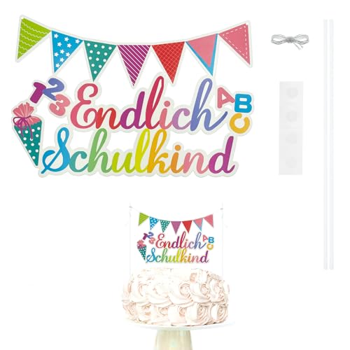 Oblique Unique® Endlich Schulkind Topper Bunt für Schuleinführung Schulanfang von Mädchen und Jungen Topper Kuchendeckel von Oblique Unique