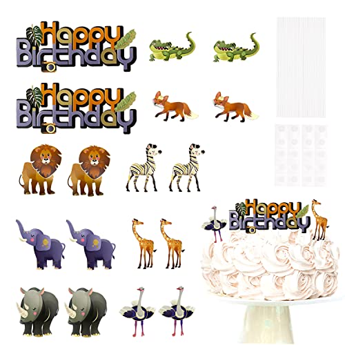 Oblique Unique® Happy Birthday Torten Topper oder Konfetti Set 18 Stk. Farbenfrohe Tiere zum Dekorieren Kuchendeckel Kindergeburtstag Geburtstag Deko von Oblique Unique