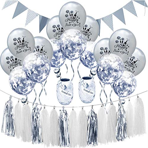 Oblique Unique® Happy New Year Silvester Neujahr Party Feier Deko Set - Girlande Deckenhänger Konfetti Luftballons 20m Folienband Quasten Girlande in Silber Weiß Mix von Oblique Unique