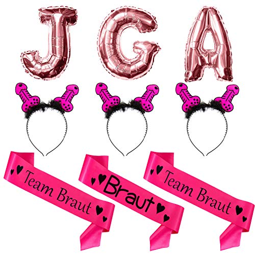 Oblique Unique® JGA Hochzeit Hen Party Accessoire Set - Braut Schärpe + 2X Team Braut Schärpe + 3X Penis Haarreif + JGA Folienballons für Junggesellinnenabschied Pink Roségold Schwarz von Oblique Unique