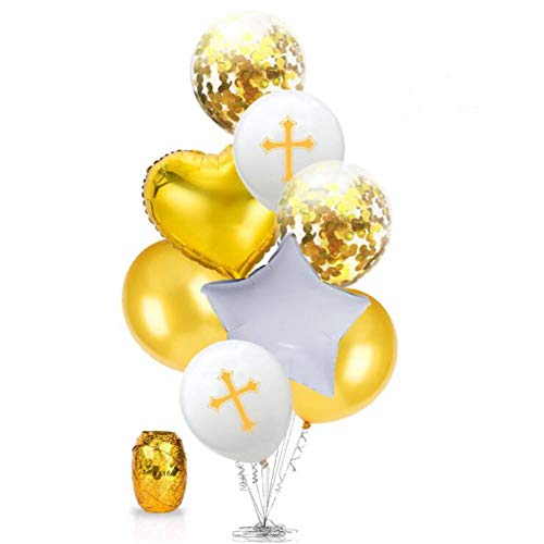 Oblique Unique® Kreuz Konfetti Luftballon Set mit Herz + Stern Folien Ballon für Taufe Kommunion Konfirmation Geburtstag Hochzeit Feier Jubiläum Weiß Gold von Oblique Unique