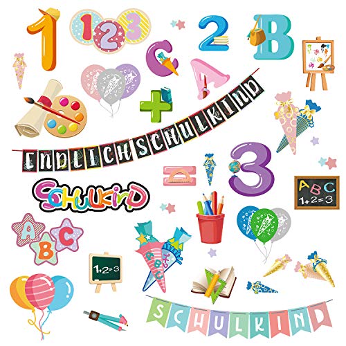 Oblique Unique® Schuleinführung Aufkleber Set ABC Zahlen Luftballons Stifte Tafel Endlich Schulkind Sticker Einschulung Deko Kinder Lernen Bunt von Oblique Unique