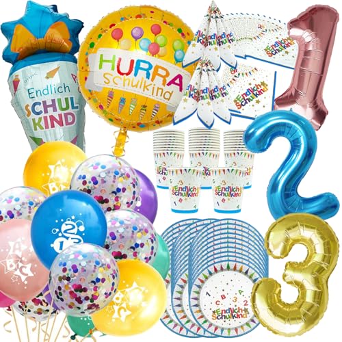 Oblique Unique® Schuleinführung Einschulung Schulanfang XXL Deko Set - Papp Geschirr für 30 Gäste (Becher, Teller, Servietten) Folienballon Zuckertüte + Hurra Schulkind + 10 Schulkind Ballons von Oblique Unique