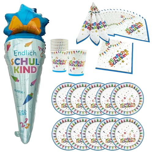 Oblique Unique® Schuleinführung Schulanfang Einschulung Deko Set - Folienballon Zuckertüte + Servietten + Pappteller + Pappbecher (Set mit 10x Pappteller + 10x Pappbecher + 20x Servietten) von Oblique Unique