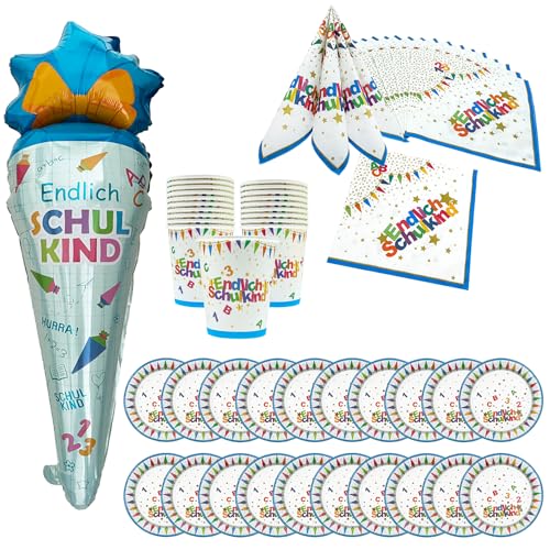 Oblique Unique® Schuleinführung Schulanfang Einschulung Deko Set - Folienballon Zuckertüte + Servietten + Pappteller + Pappbecher (Set mit 20x Pappteller + 20x Pappbecher + 20x Servietten) von Oblique Unique