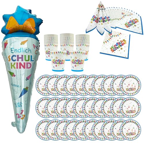 Oblique Unique® Schuleinführung Schulanfang Einschulung Deko Set - Folienballon Zuckertüte + Servietten + Pappteller + Pappbecher (Set mit 30x Pappteller + 30x Pappbecher + 40x Servietten) von Oblique Unique