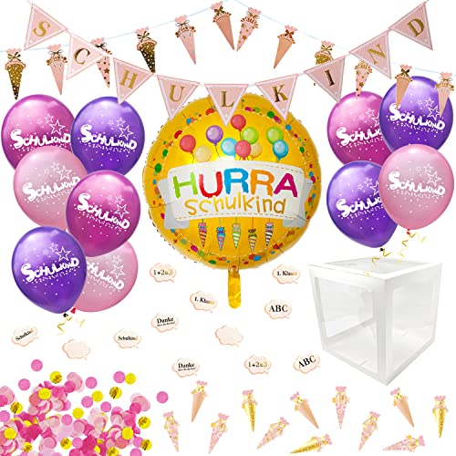 Oblique Unique® Schuleinführung Schulanfang Einschulung Deko Set für Jungen und Mädchen - Ballonbox + Girlanden + Ballons + Konfetti + Folienballon (Rosa) von Oblique Unique