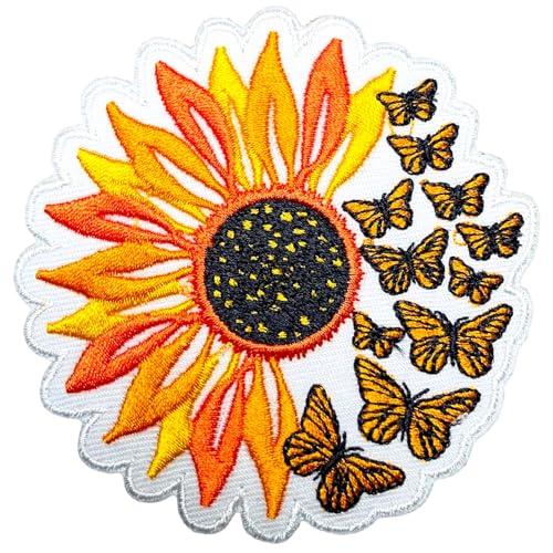 Obokata Aufnäher zum Aufbügeln, Motiv: Sonnenblume und Schmetterlinge, bestickt, für Jacken, Kleidung, Hüte, Rucksäcke und Jeans. von Obokata