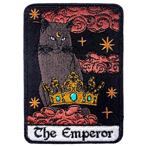 Obokata Aufnäher zum Aufbügeln, Motiv: Tarot-The Empire, schwarze Katze mit Krone, Mythos, bestickter Aufnäher für Jacken, Kleidung, Hüte, Rucksäcke und Jeans. von Obokata