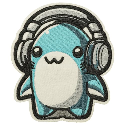 Obokata Tier Bestickte Patches Cartoon Patch Cute Blue Shark with Grey Headphones Sew/Iron on DIY Patch Fun Decorative Badge for Jackets Denim Hats Clothing von Obokata