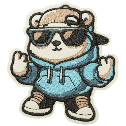 Obokata Tier Bestickte Patches Cartoon Patch Rapper Bär in Blau Outfit mit Sonnenbrille Nähen Aufbügeln DIY Patch Lustige Dekorative Abzeichen für Jacken Denim Hüte Kleidung von Obokata