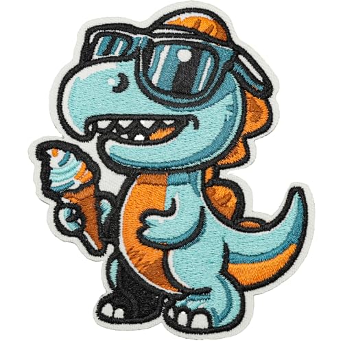 Obokata Tier-bestickte Patches, Cartoon-Aufnäher, Brille Dinosaurier essen Eiscreme, Nähen / Aufbügeln DIY Patch, lustiges dekoratives Abzeichen für Jacken, Denim, Hüte und Kleidung von Obokata