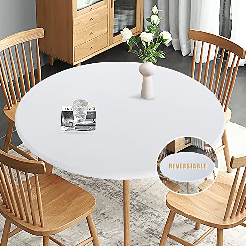 Obstal Runde Tischdecke, wendbar, wasserdicht, schmutzabweisend, elastisch, Stretch-Tischdecke, abwischbar, passend für runde Tische mit einem Durchmesser von bis zu 114.3 cm – 149.9 cm, Weiß von Obstal