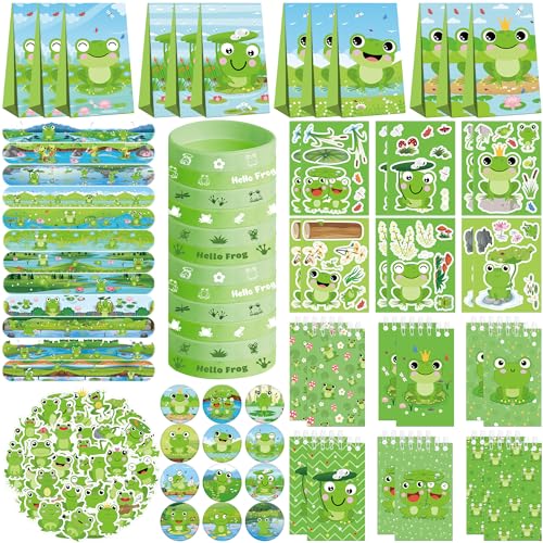 Obussgar Frosch Party Favor Supplies einschließlich Cartoon Frosch Thema Geschenk-Taschen, Aufkleber, Abzeichen, Armbänder, für Kindergeburtstag Party Supplies von Obussgar