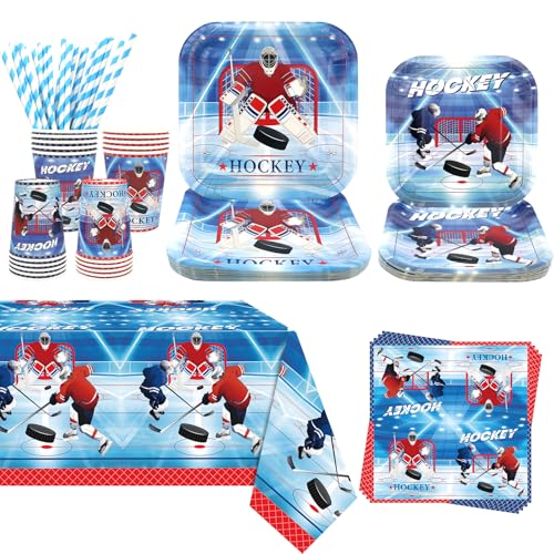 Obussgar Hockey Party Decoration - Hockey Birthday Party Tableware Supplies Includes Plates, Cups, Napkins, Tablecloth, Straws - Serves 20 von Obussgar