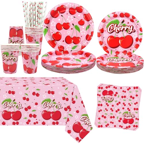 Obussgar Kirsche Party Dekoration - Kirsche Geburtstag Party Geschirr liefert umfasst Teller, Tassen, Servietten, Tischdecke, Strohhalme - serviert 20 Obussgar Kirsche Party Dekoration - Kirsche Geburtstag Party Geschirr liefert umfasst Teller, Tassen, Servietten, Tischdecke, Strohhalme - serviert 20 von Obussgar